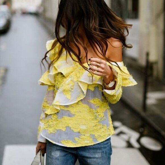 Self Portrait Yellow Floral Fil Coupe Asymetric Mesh Ruffled Top Off Shoulder - Picture 1 of 16